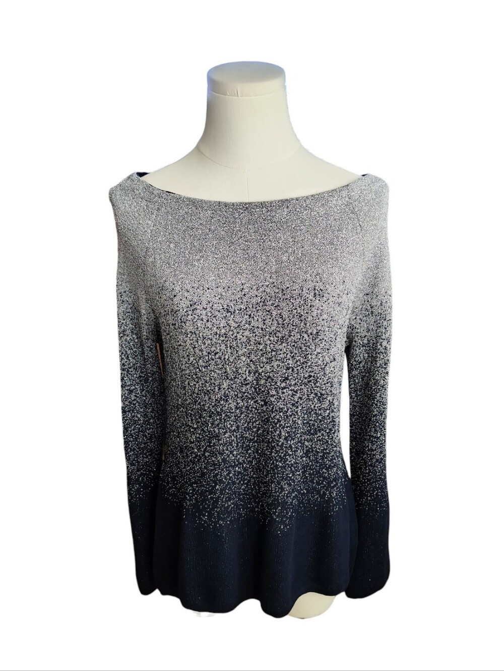 White House Black Market Navy Blue & Silver Sparkle Boatneck Sweater Size Medium